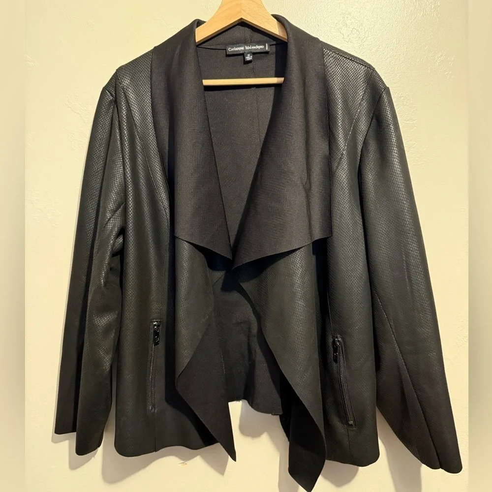 Catherine Malandrino Jacket 1X Black Faux Leather Snake Print Draped Open Front
